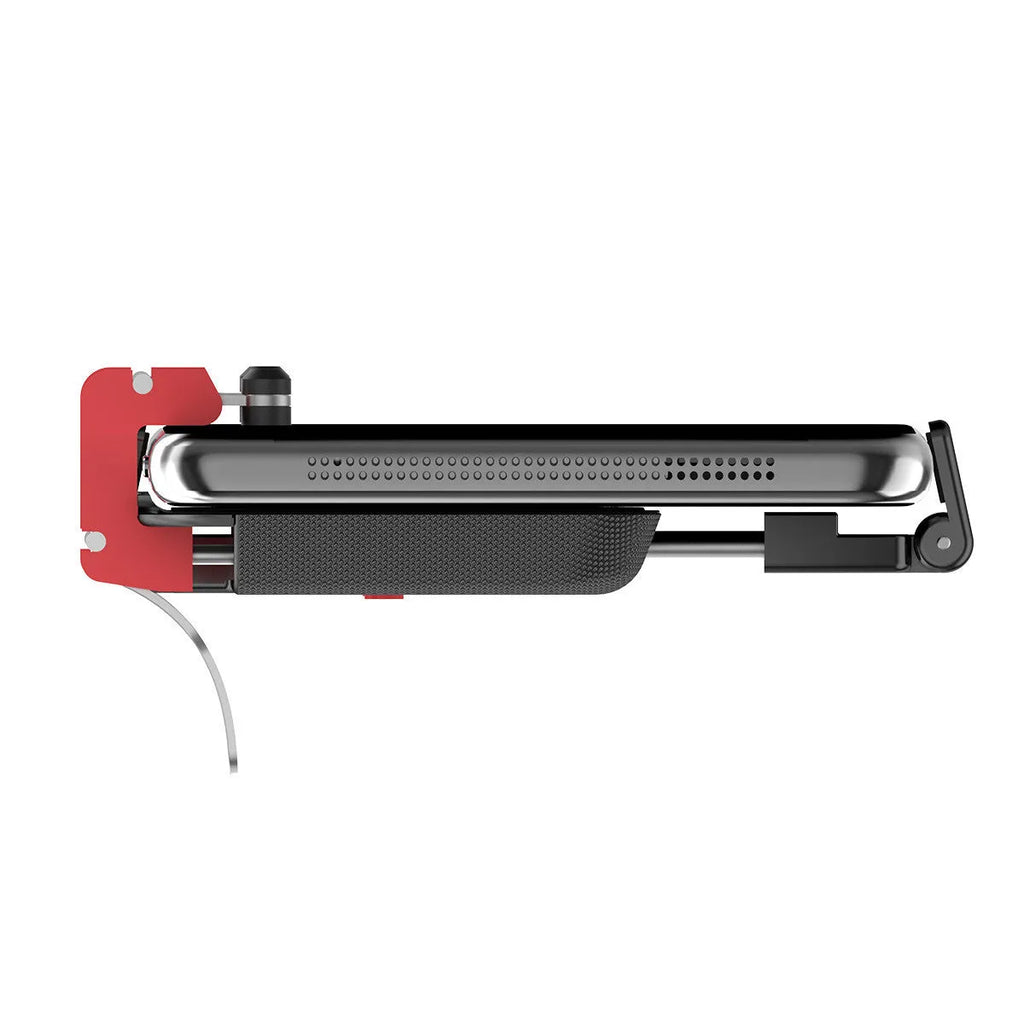 Black mobile phone gaming trigger handle with adjustable metal trigger and telescopic phone clip extended