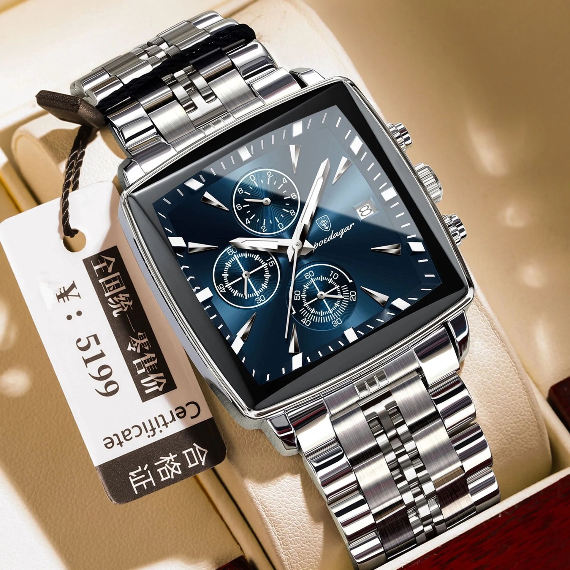 Square men's business quartz watch with stainless steel strap and mineral glass face.