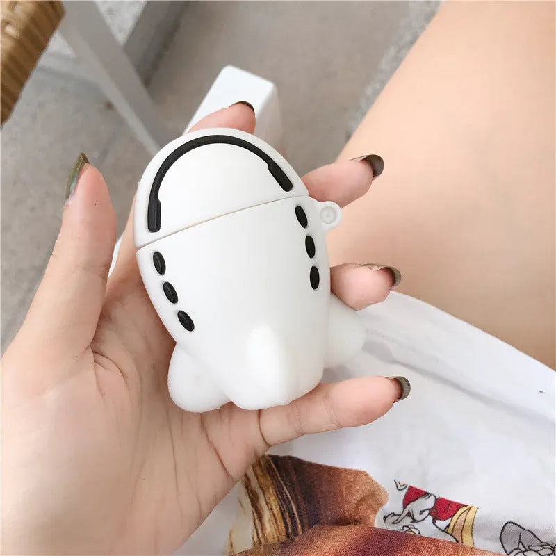 Blue silicone flip case for AirPods 1 and 2 with cartoon aeroplane headset design and attached lanyard hook.