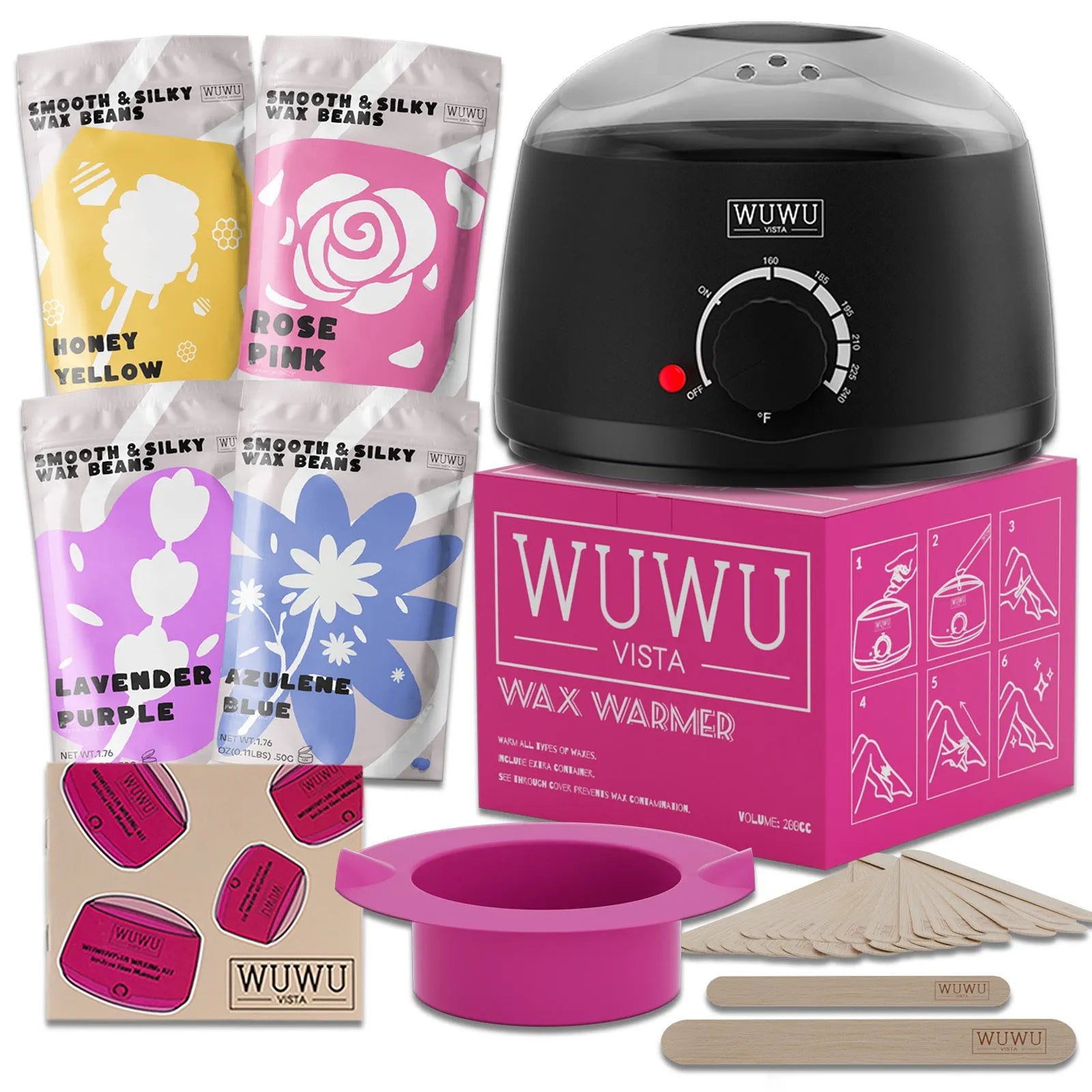 27-piece hair removal wax kit with wax machine, four coloured wax beads, and dual facial and body wax sticks