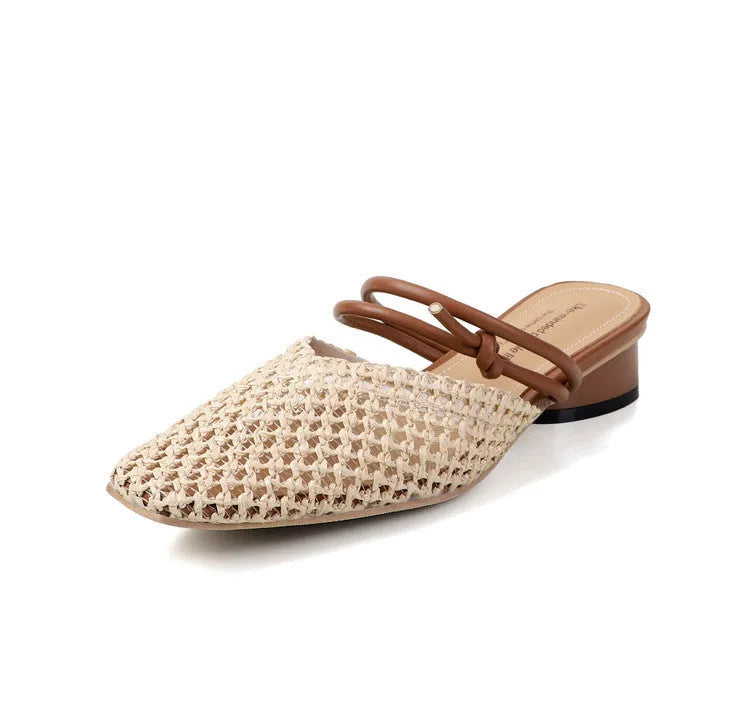 Women's French style square toe slippers with chunky heel in black, white and brown colour options