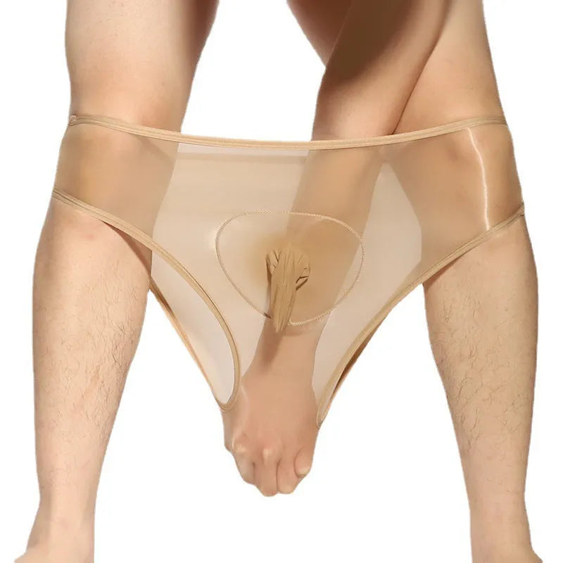 Ultra-thin silky nylon men's briefs with bullet separation design in multiple colour options.