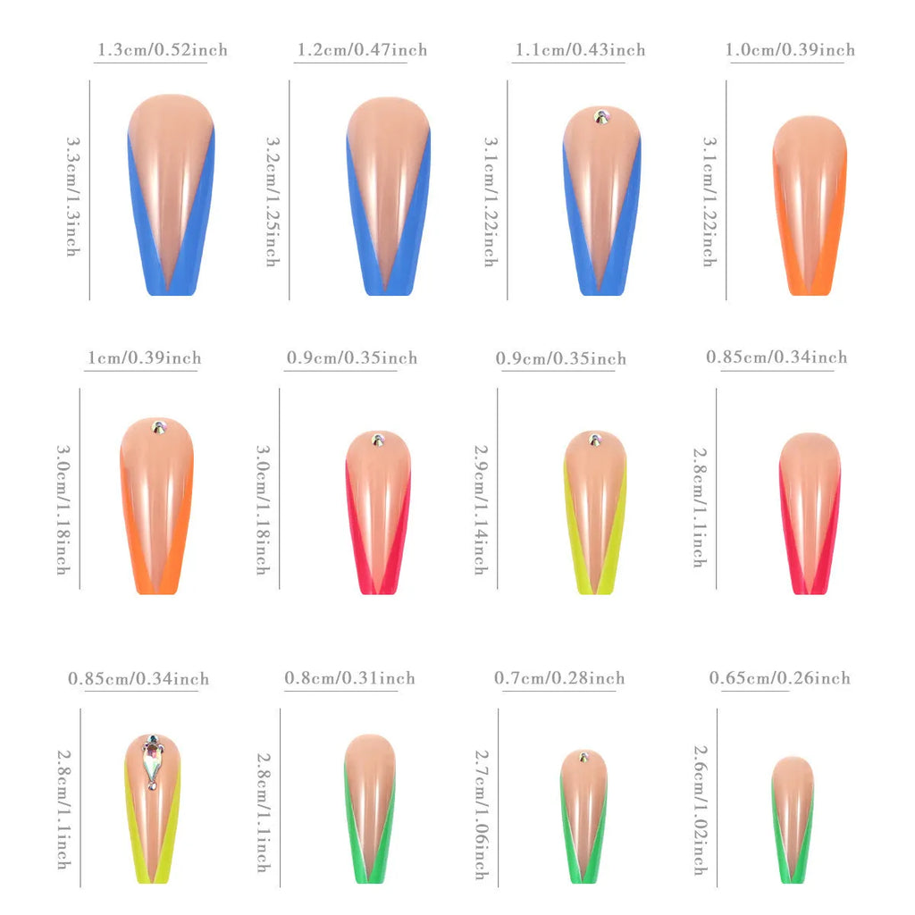 Diamond colour press-on nail tips with cartoon, love, and cross heart designs for a French manicure look.