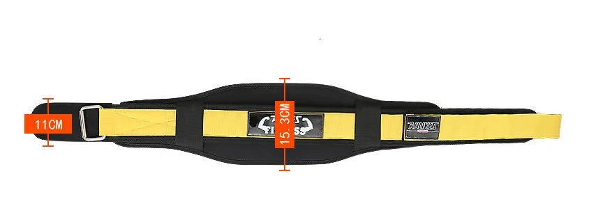 Nylon fitness weightlifting waistband showing black, red and yellow colour options with size markings