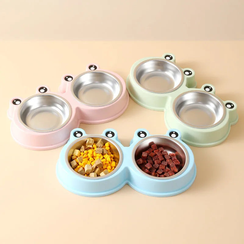 Stainless steel pet double bowl with frog water reservoir in blue, green or pink colours