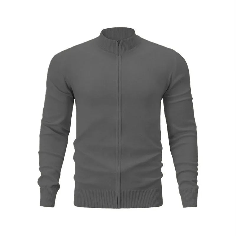 Man wearing a grey stand collar zip-up casual sweater