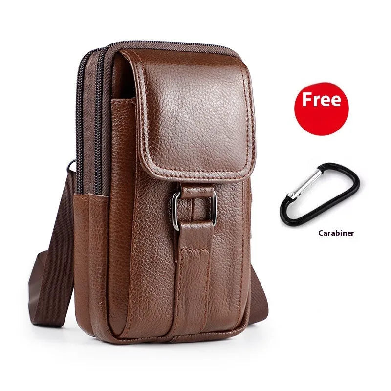 Men's genuine leather crossbody waist bag with lock detail and vertical square design in dark brown