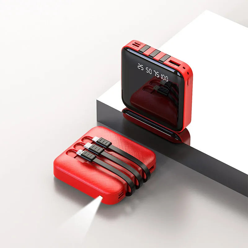 Black and red portable power bank with integrated charging cable, showing 10000mAh and 20000mAh options.