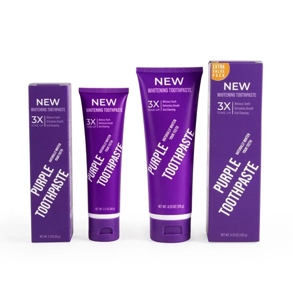 Purple whitening toothpaste tube for adults to remove yellow stains, shown in 120g size.
