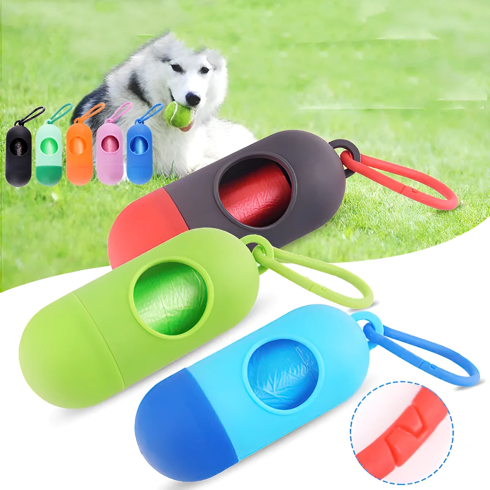 Compact black dog waste bag dispenser with a metal hook and Velcro strap, shown attached to a dog lead.