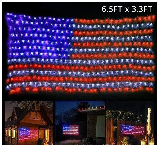 American flag solar net light grid shape red white blue LEDs on dark background