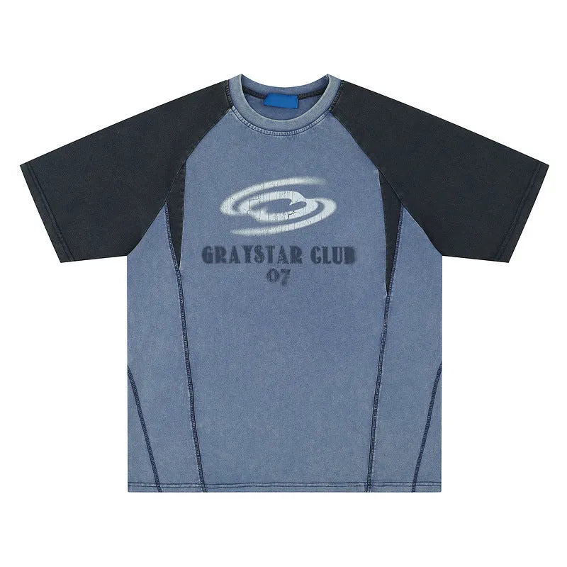 Men's blue hip hop letter print cotton T-shirt with raglan sleeves in loose fit