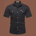 Men's short sleeve cotton work shirt in loose fit available in army green, beige, black, dark blue and other colours
