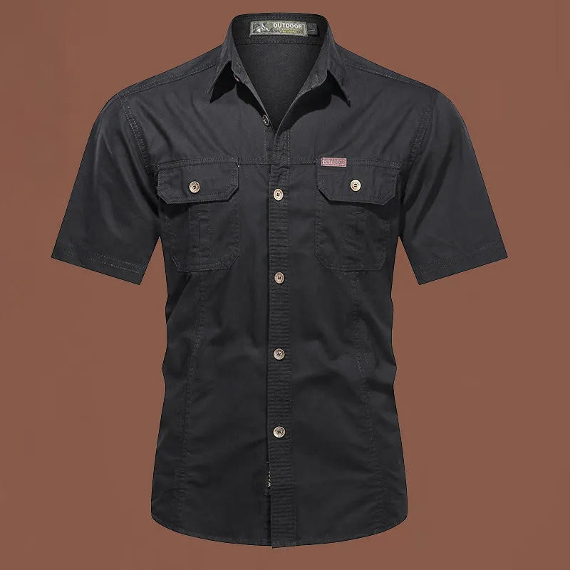Men's short sleeve cotton work shirt in loose fit available in army green, beige, black, dark blue and other colours