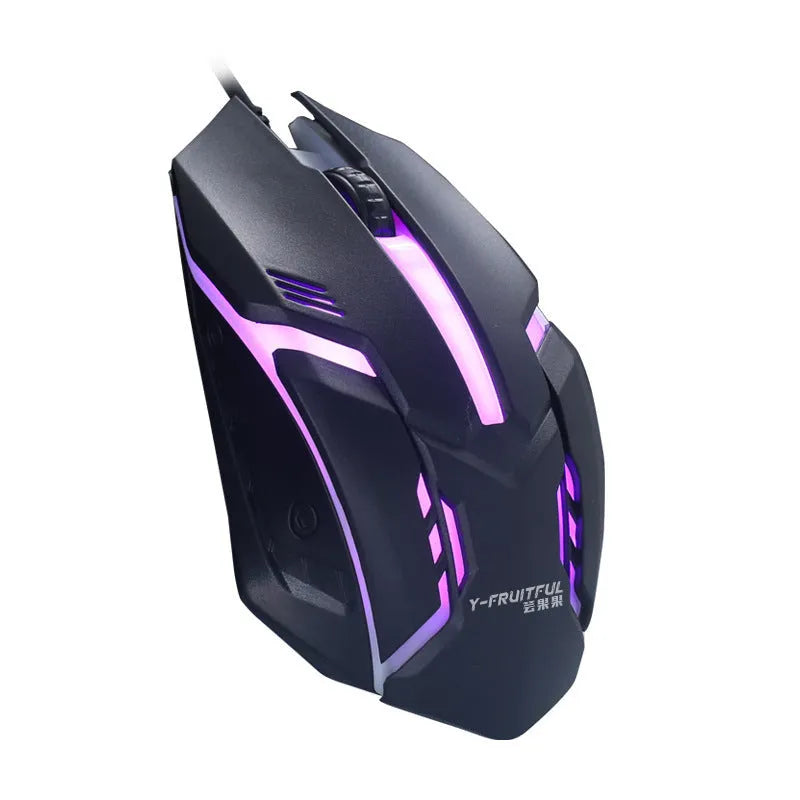 Wired USB computer mouse with colourful LED glow, black or white luminous shell, 3 buttons, and 1.3m cable.