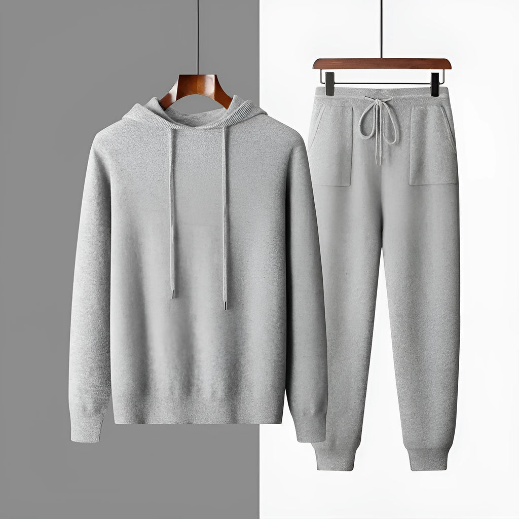 Men's light grey cashmere hooded sweatshirt and matching trousers casual set displayed together