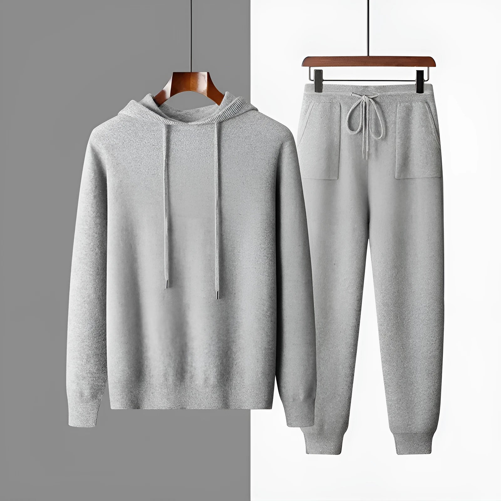 Men's light grey cashmere hooded sweatshirt and matching trousers casual set displayed together