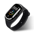 Smart bracelet with integrated earphones on silicone wristband showing 1-inch screen, in black colour