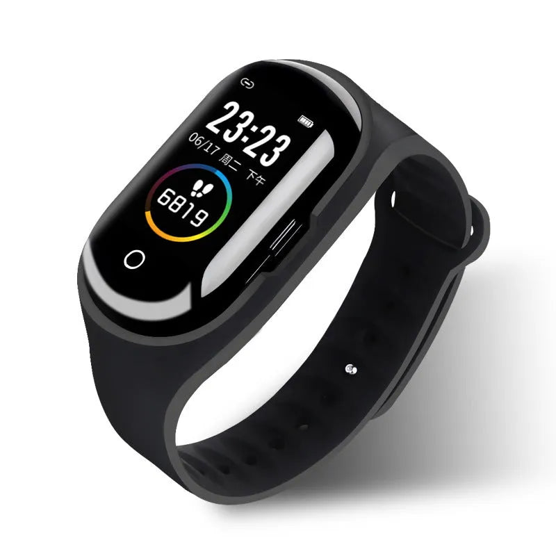 Smart bracelet with integrated earphones on silicone wristband showing 1-inch screen, in black colour