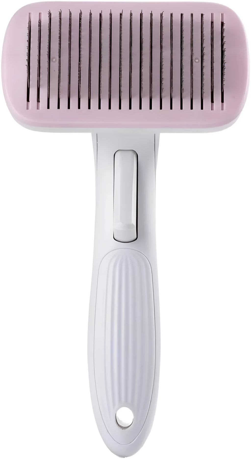 Blue automatic pet hair removal comb for dogs and cats on a table.