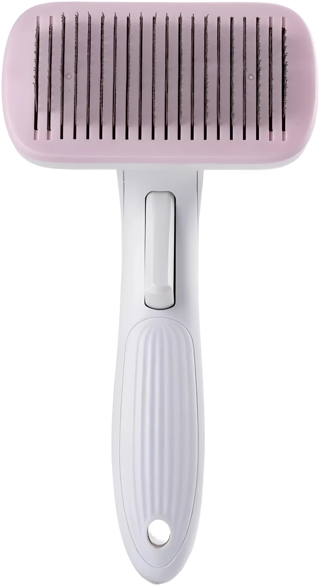 Blue automatic pet hair removal comb for dogs and cats on a table.