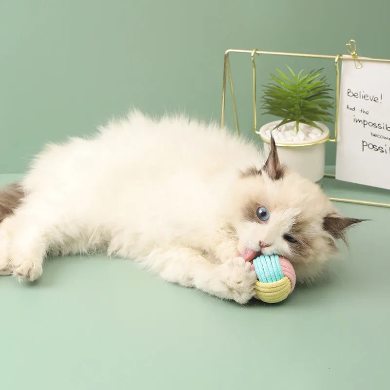 Handmade plush cotton ball cat toy in blue pink, green blue, and pink green colours, shown at 5cm size.