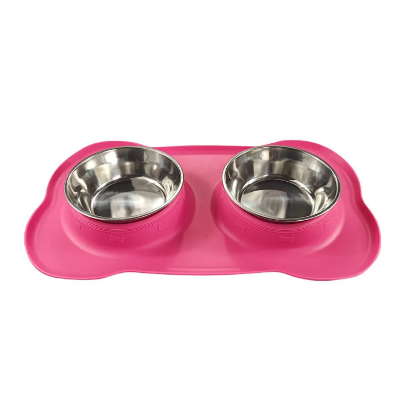 Large double dog bowl with stainless steel inserts in a grey silicone tray for two dogs.