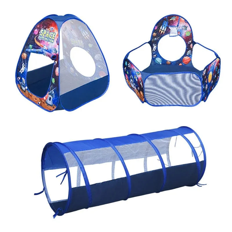 Cartoon marine themed three-in-one children's fabric play tent with ball pool tunnel