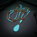 Turquoise blue imitation mineral pendant necklace with water drop shape and ball bead chain
