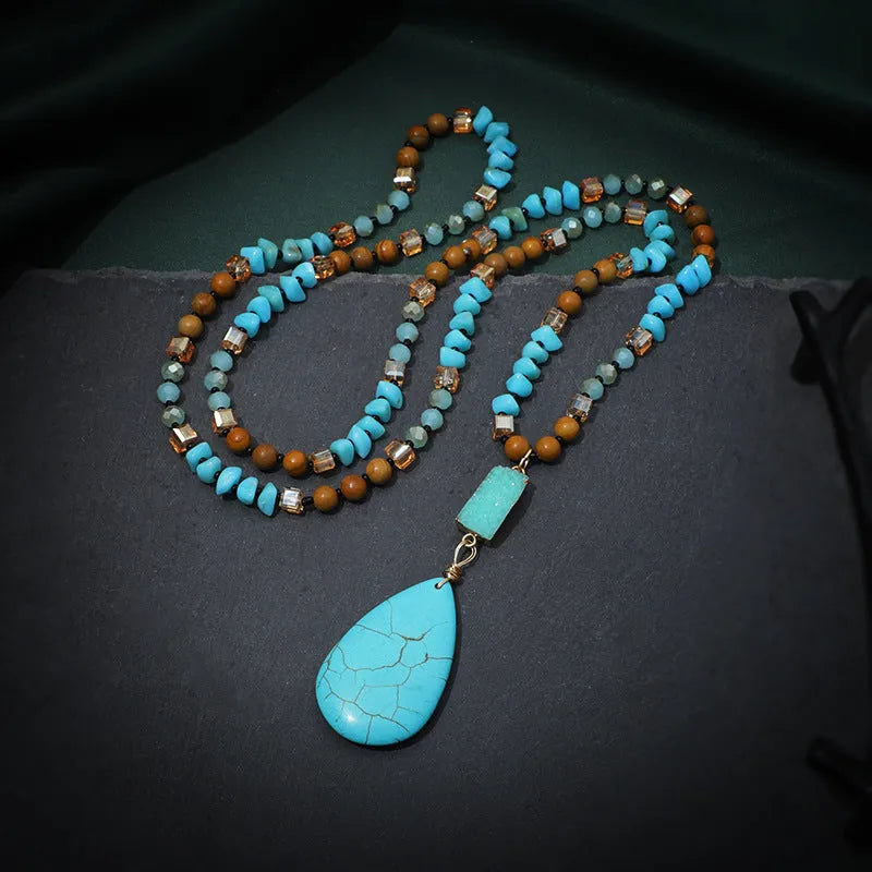 Turquoise blue imitation mineral pendant necklace with water drop shape and ball bead chain