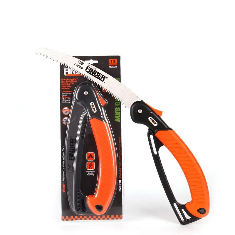 A folding garden hand saw with a TPR rubber handle and a 230mm metal blade, shown both open and closed.