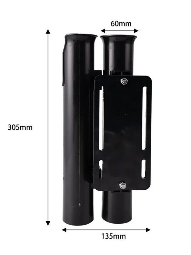 Plastic fishing rod rack with double-layer frame for mounting to bicycle or motorcycle handlebars.