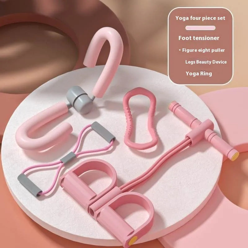 Yoga four piece fitness set showing leg stretcher, yoga ring, pedal device and tension rope