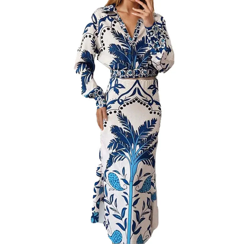 Women's early spring casual two-piece outfit in picture colour, featuring a long-sleeved top and matching long skirt.