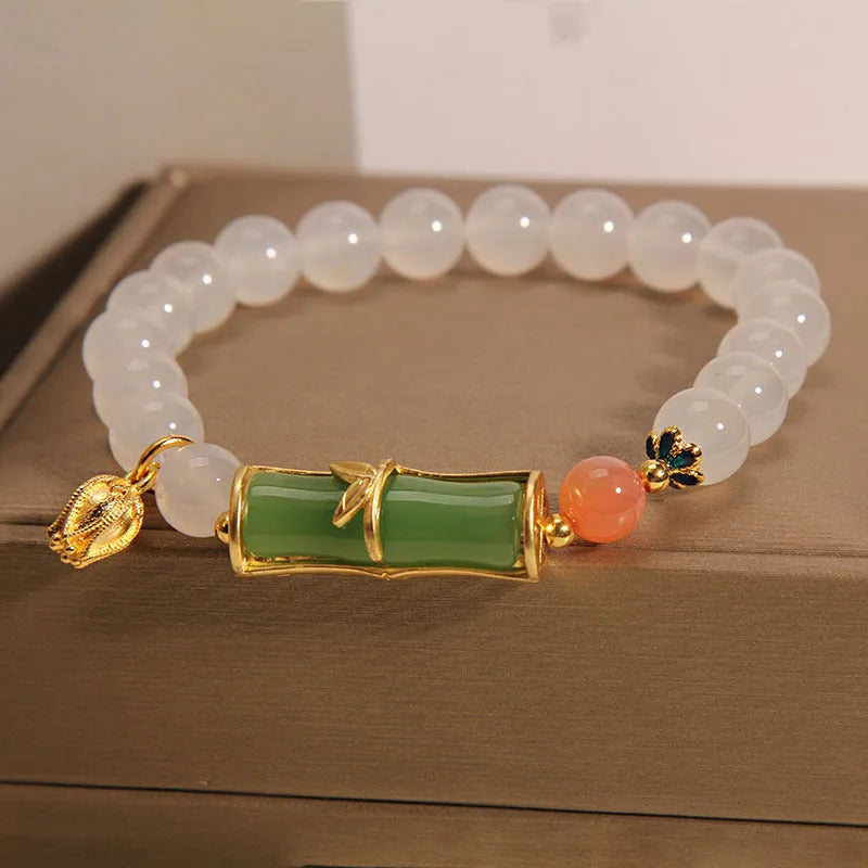 White agate jade bamboo bracelet with retro Chinese design and natural stone beads