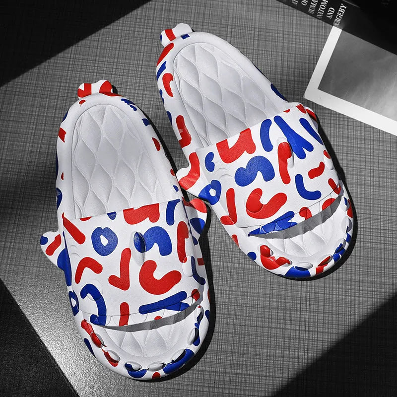 Cute shark design open toe EVA slippers for couples in beige, black, grey, and white colours.