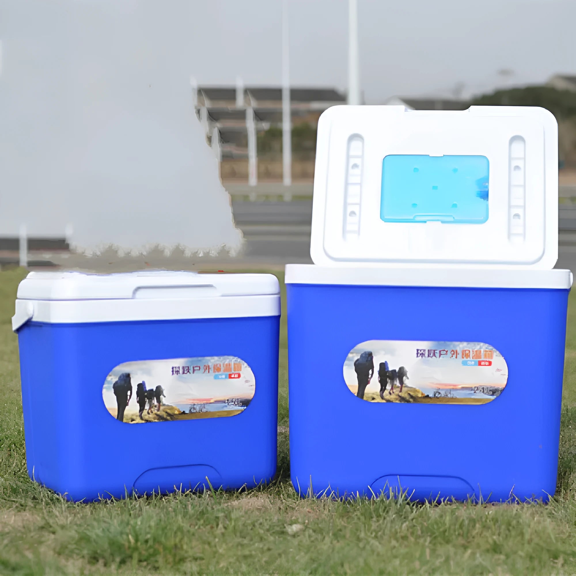 Blue aluminium foil portable insulated cooler box showing multiple capacity options for car and outdoor use.