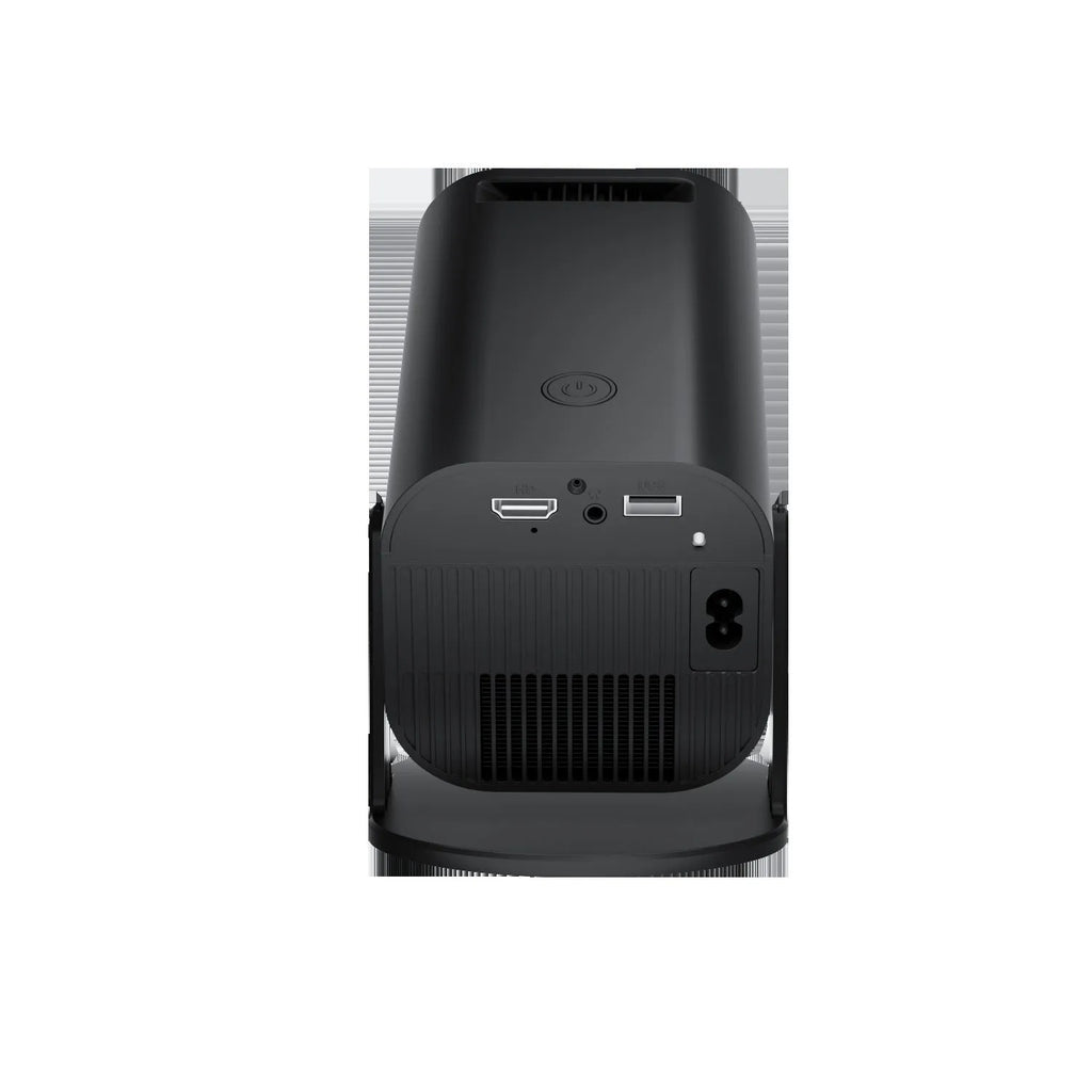 Black or white portable mini projector with remote control and power cord on plain background