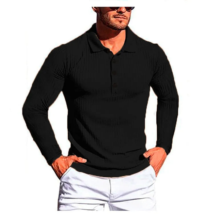 Men's striped summer shirt in elastic knit fabric showing loose fit and short sleeves