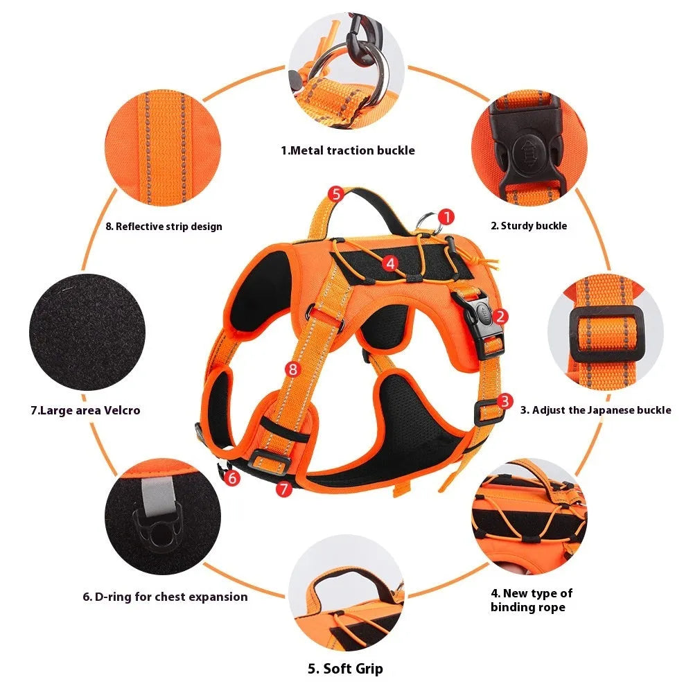 Orange adjustable dog harness with reflective trim and a black hand-holding rope lead attached