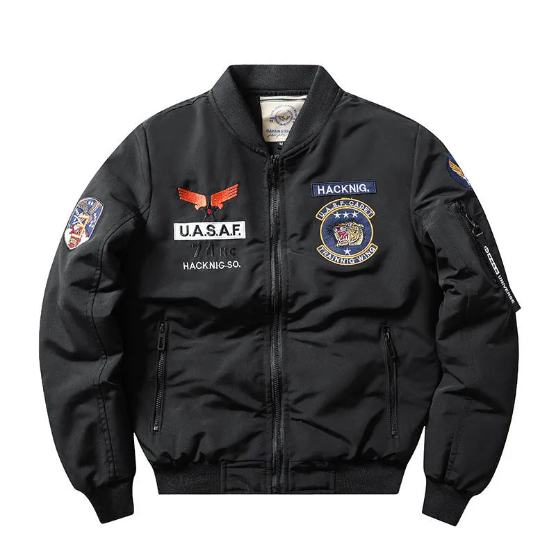 Men's slim-fit stand collar motorcycle coat in black with embroidery detailing and patch pockets
