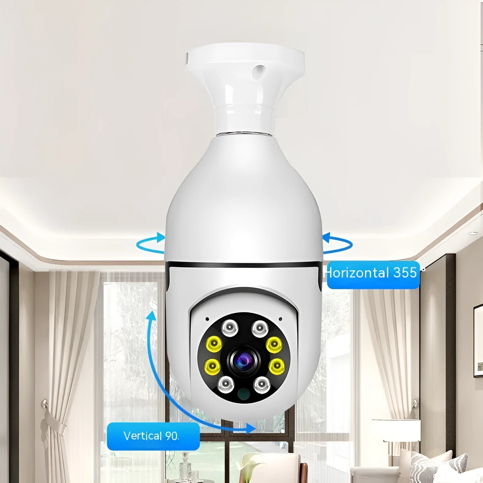 Wireless bulb security camera showing compact design with 1080p and night vision capabilities