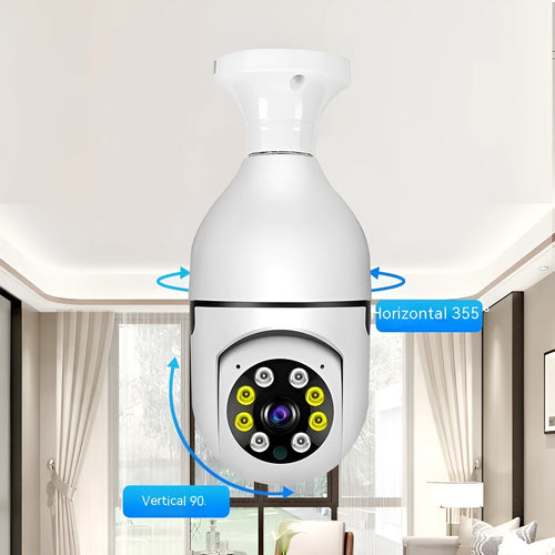 Wireless bulb security camera showing compact design with 1080p and night vision capabilities