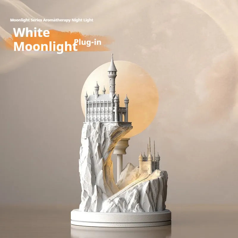 White composite gypsum table lamp with wire control switch on wooden surface