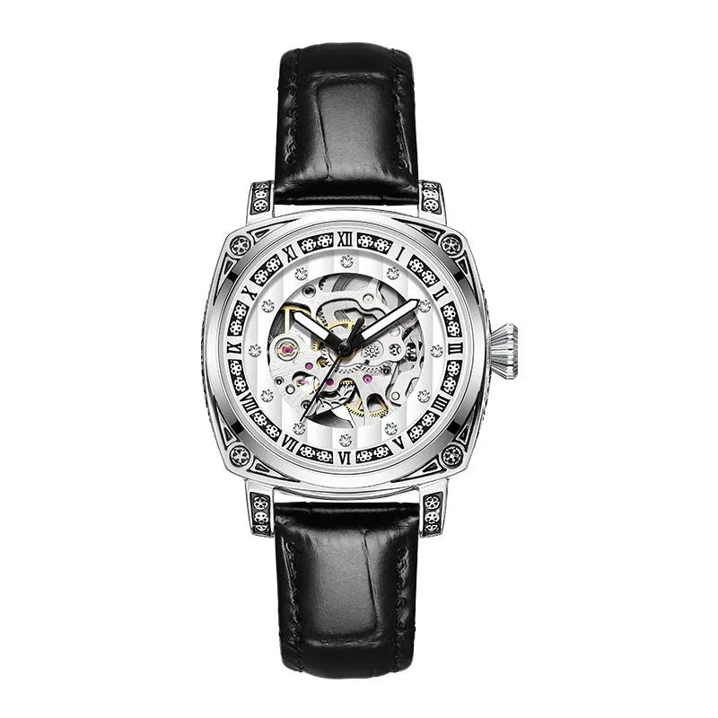 Men's mechanical wristwatch with a leather strap and luminous hands on a dial, shown in one of four colour options.