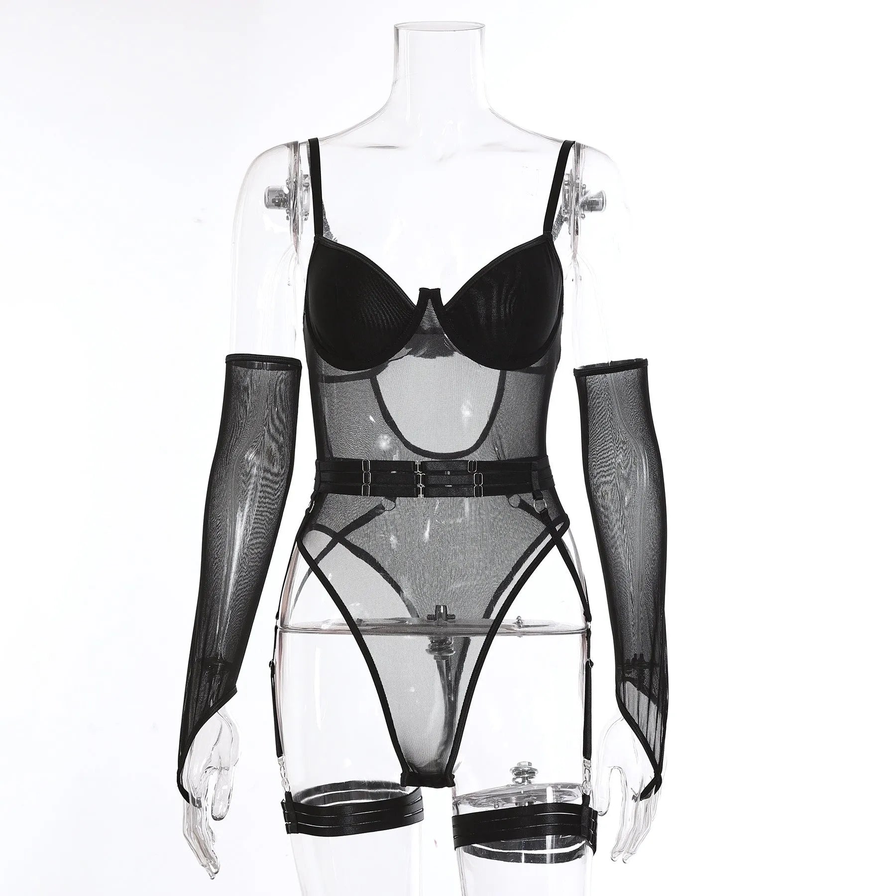 Women's see-through mesh jumpsuit in red, available in sizes S M L for dance and performance wear.