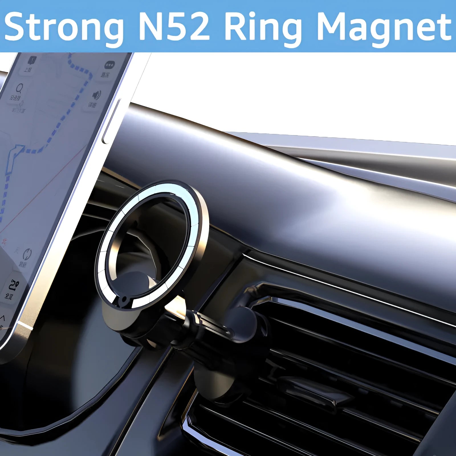 Black magnetic car phone holder with O-ring bracket for air vent mounting