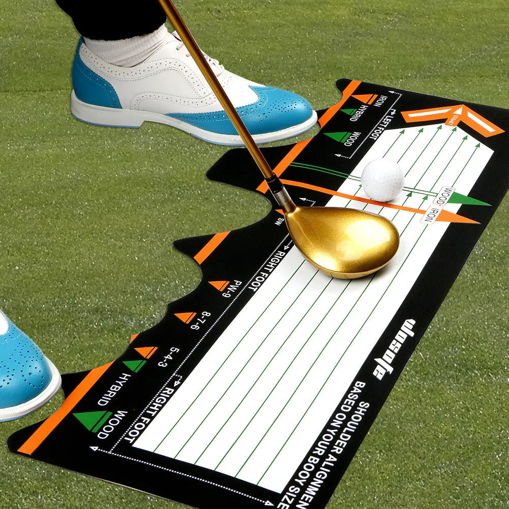 Black neoprene golf swing positioning pad for stance correction and alignment training
