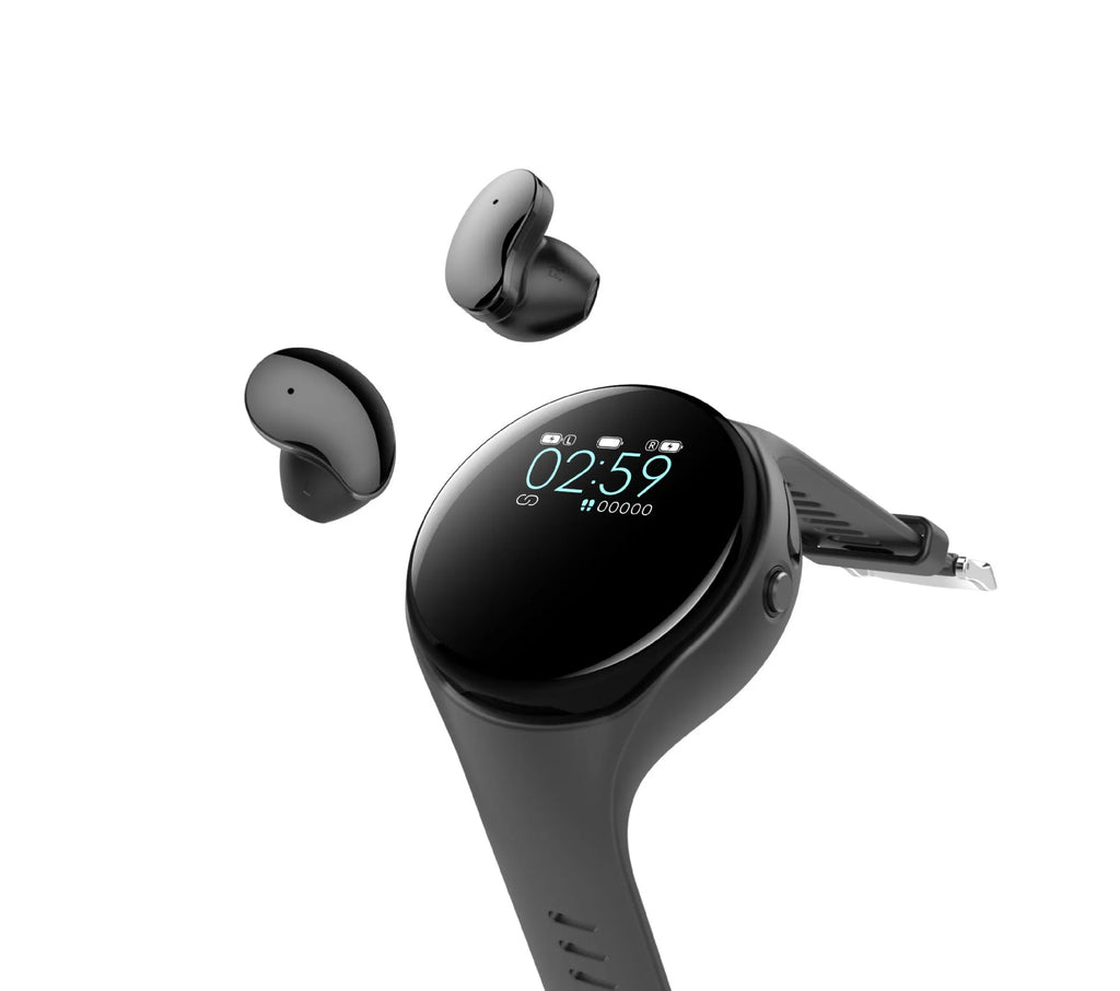 Black Bluetooth headset and smart bracelet combo showing detachable TWS earphones and sports watch display