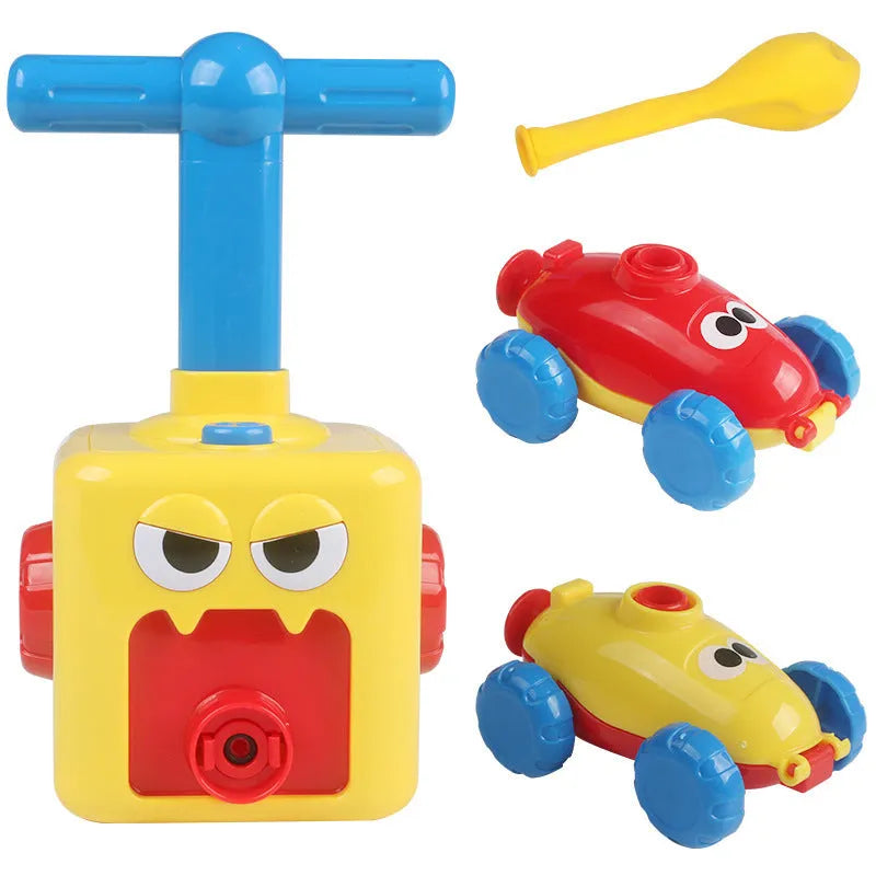 Balloon launch tower toy car with inflated balloon on a white surface
